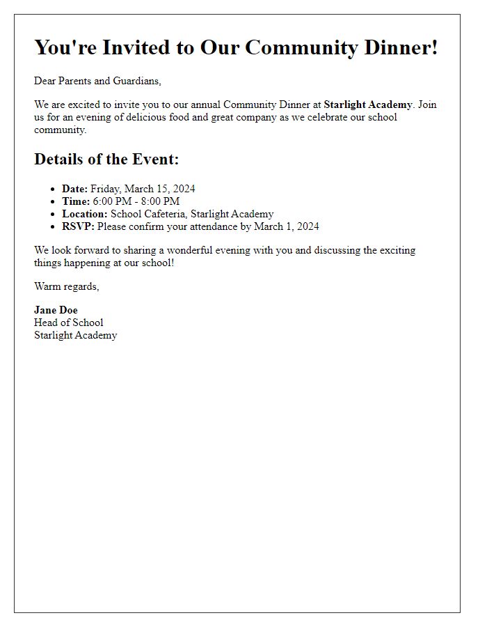 Letter template of private school community dinner invitation