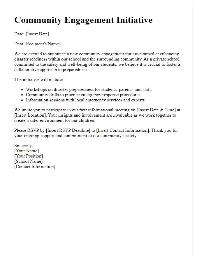 Letter template of a community engagement initiative for private school disaster readiness