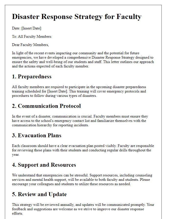 Letter template of a disaster response strategy for private school faculty