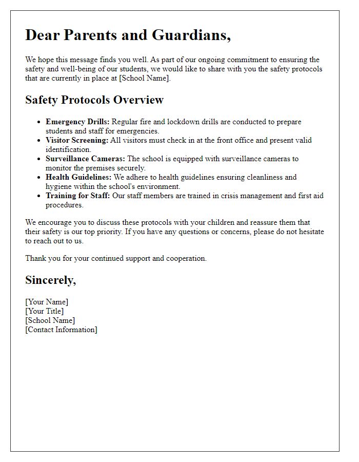 Letter template of a parent communication regarding private school safety protocols