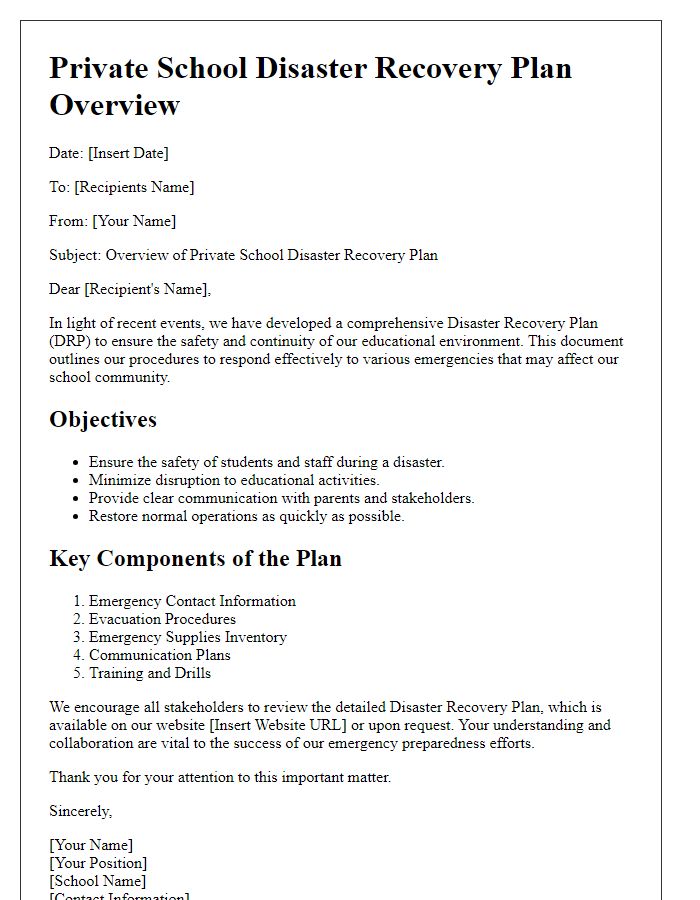 Letter template of a private school disaster recovery plan overview