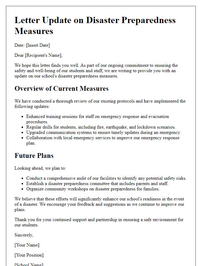 Letter template of a review and update on private school disaster preparedness measures