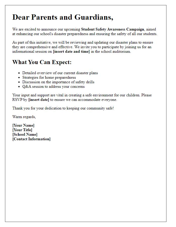 Letter template of a student safety awareness campaign for private school disaster plans