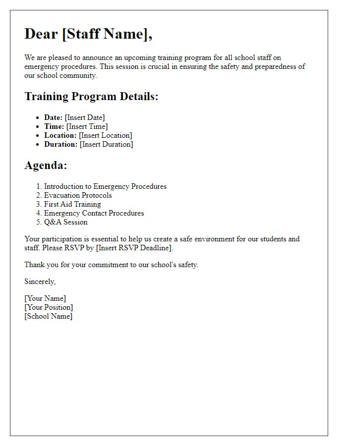 Letter template of a training program for private school staff on emergency procedures