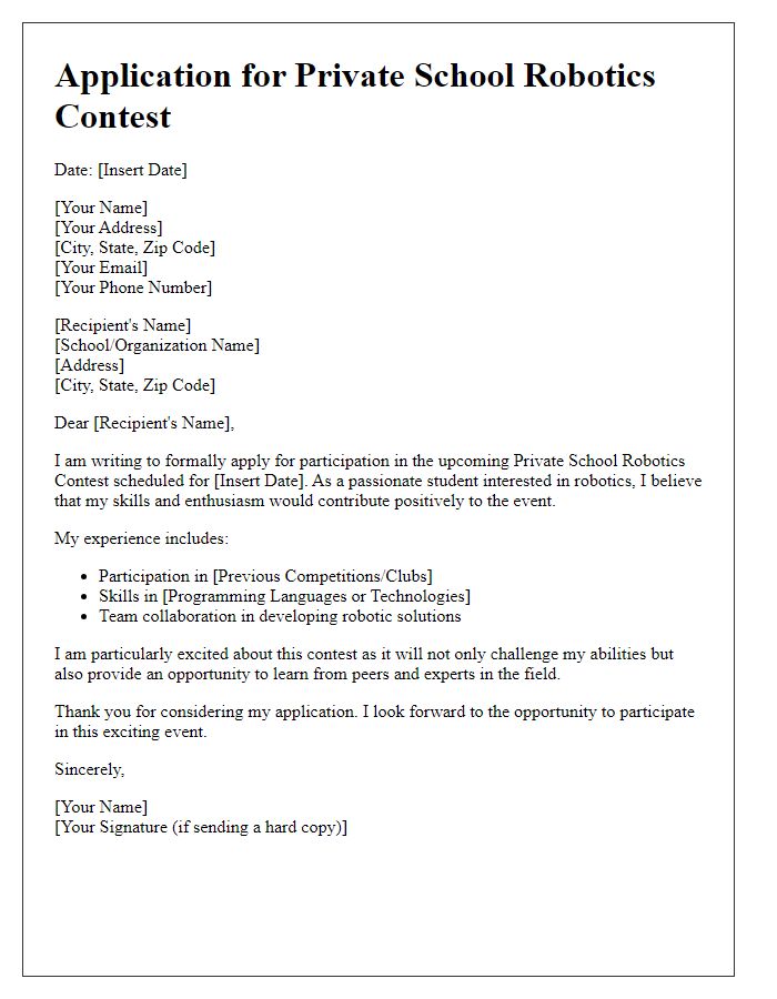 Letter template of application form for private school robotics contest.