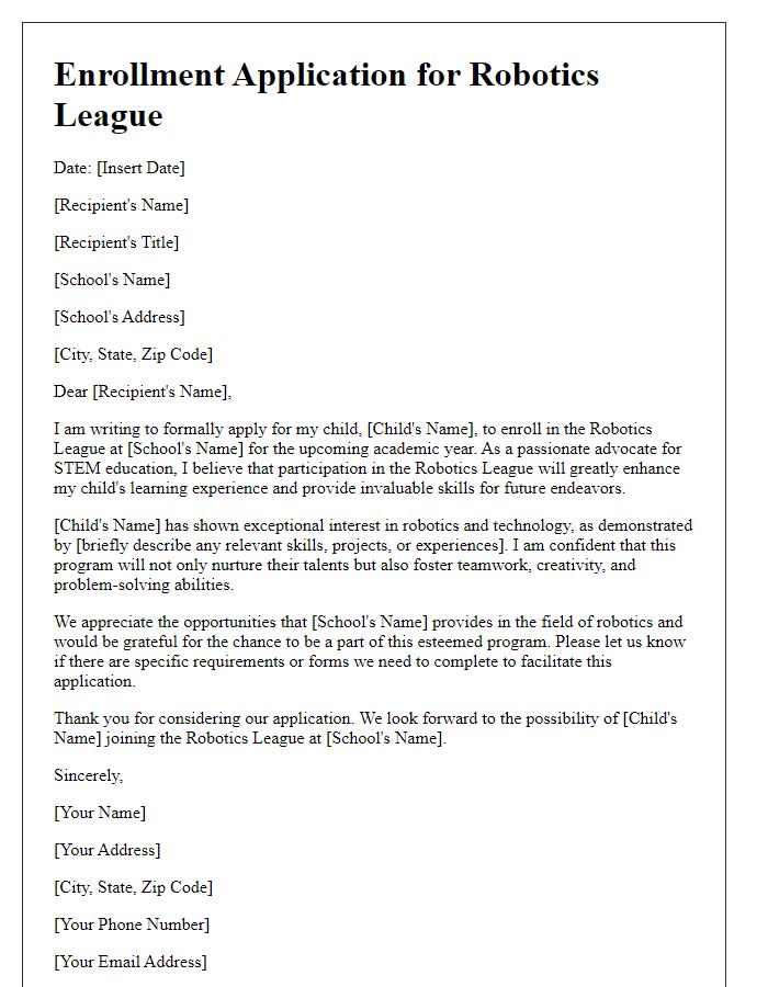 Letter template of enrollment application for private school robotics league.