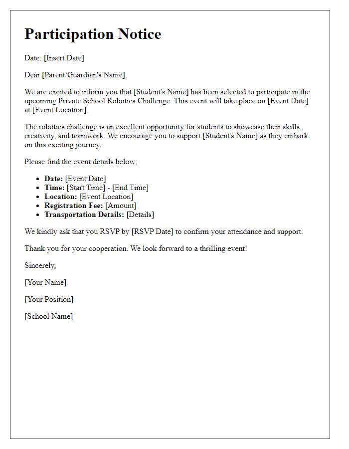 Letter template of participation notice for private school robotics challenge.