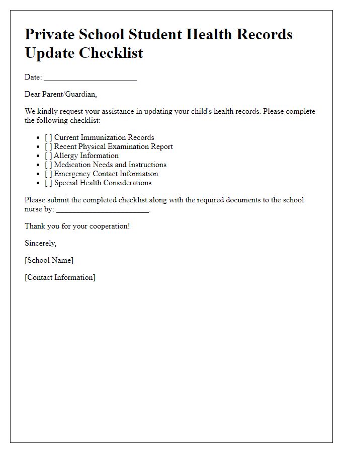 Letter template of checklist for private school student health records updates