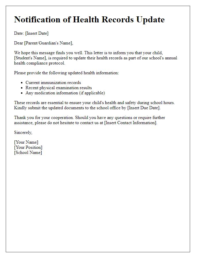 Letter template of notification for private school student health records update