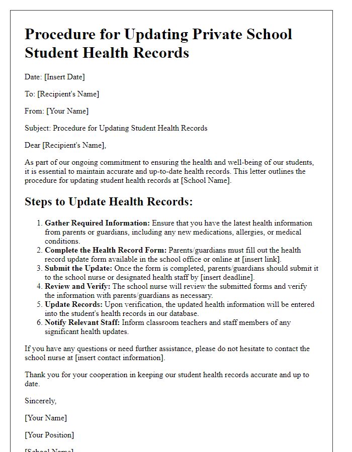 Letter template of procedure for updating private school student health records