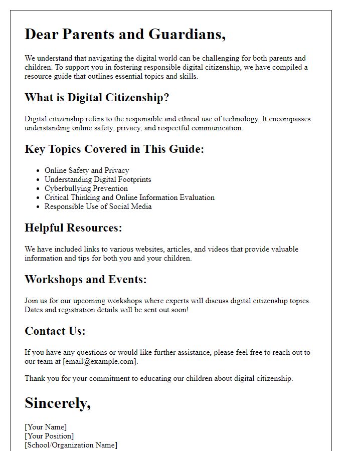 Letter template of a resource guide for parents regarding digital citizenship education.