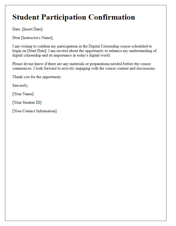 Letter template of a student participation confirmation for digital citizenship course.