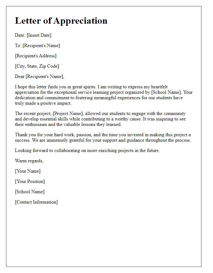 Letter template of appreciation for private school service learning project.