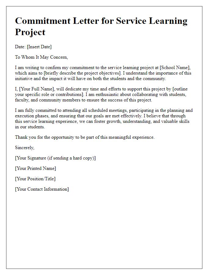 Letter template of commitment for private school service learning project.