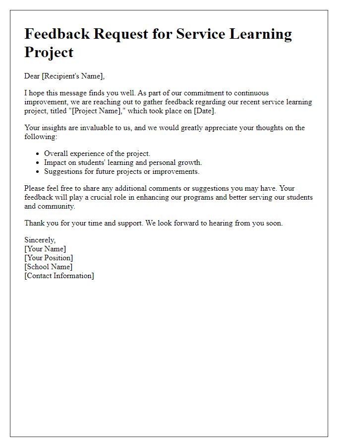 Letter template of feedback request for private school service learning project.