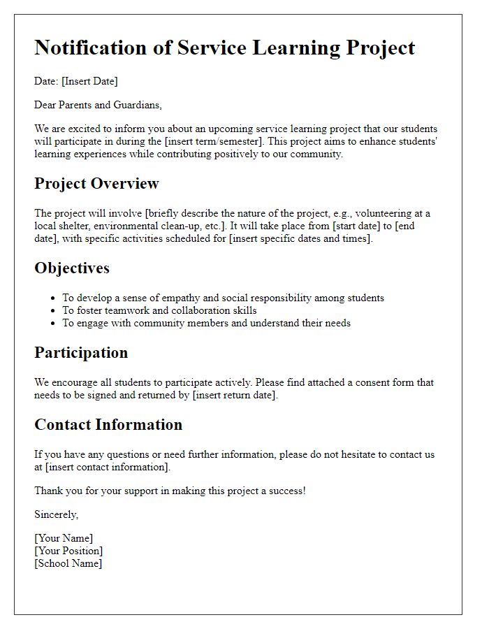 Letter template of notification for private school service learning project.