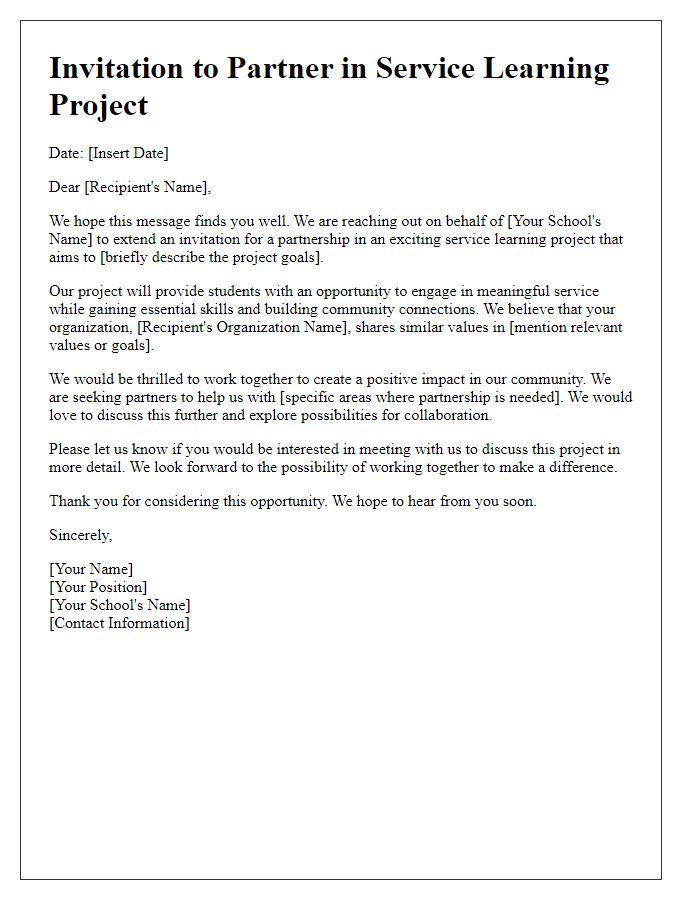 Letter template of partnership invitation for private school service learning project.