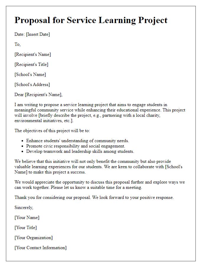 Letter template of proposal for private school service learning project.