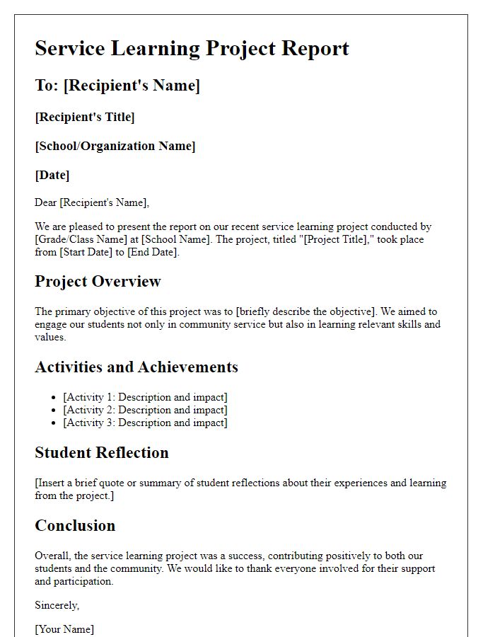 Letter template of report for private school service learning project.