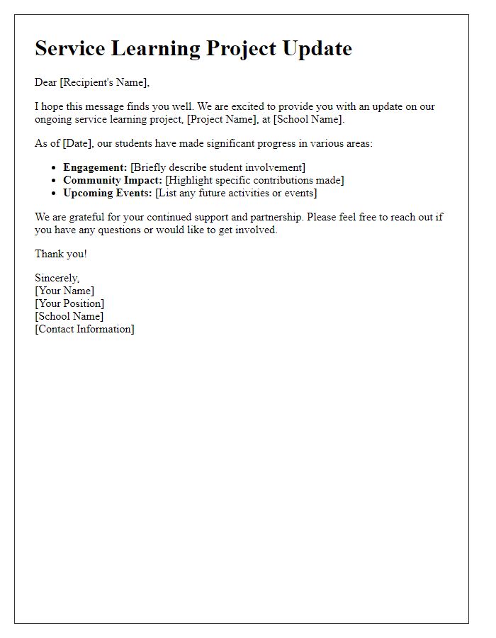 Letter template of update for private school service learning project.