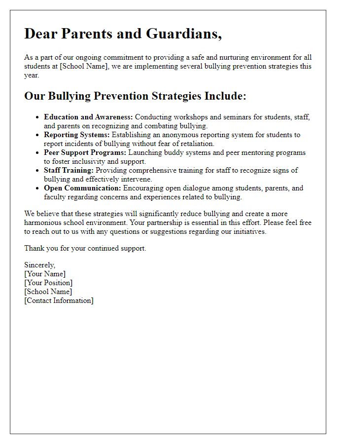 Letter template of private school bullying prevention strategies