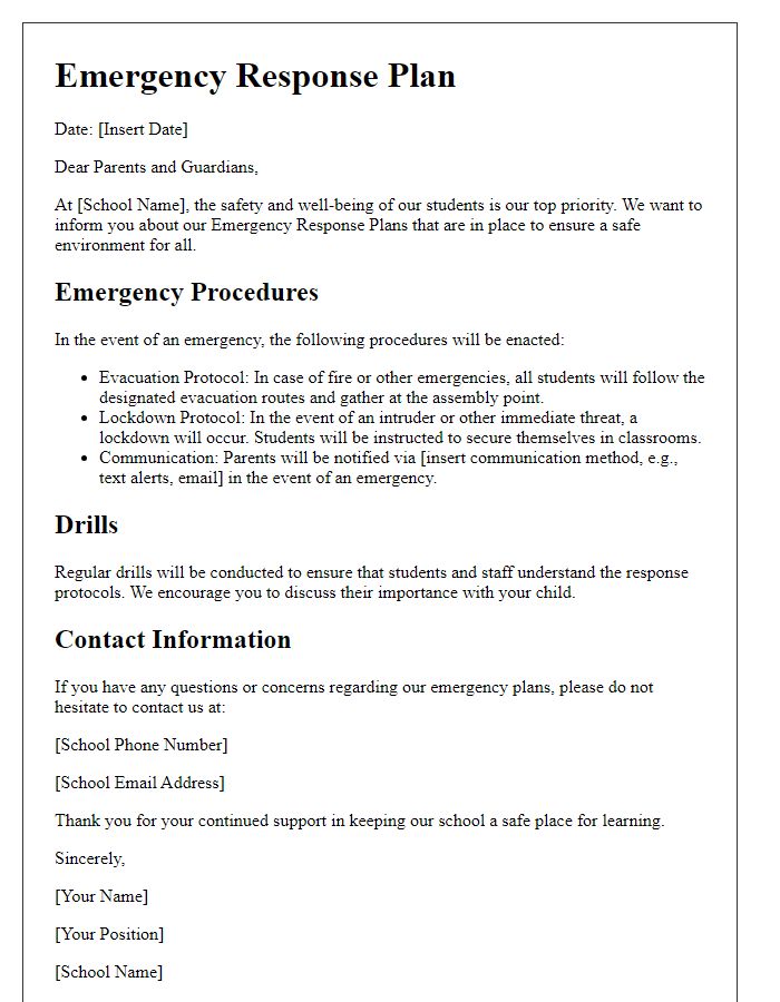 Letter template of private school emergency response plans