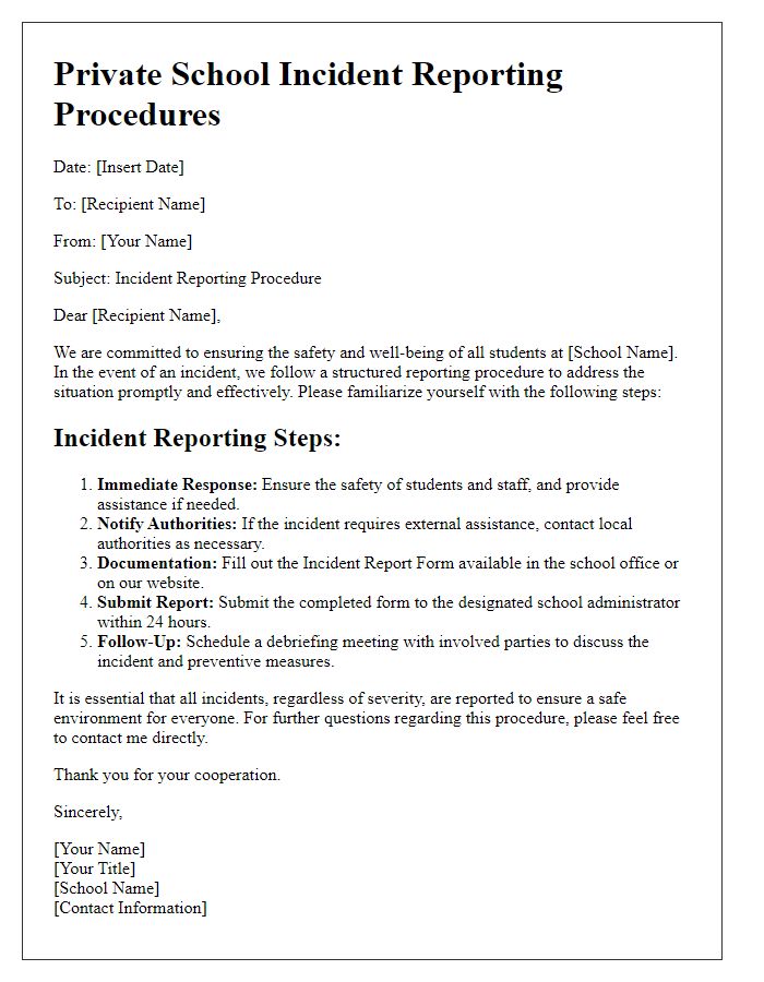 Letter template of private school incident reporting procedures