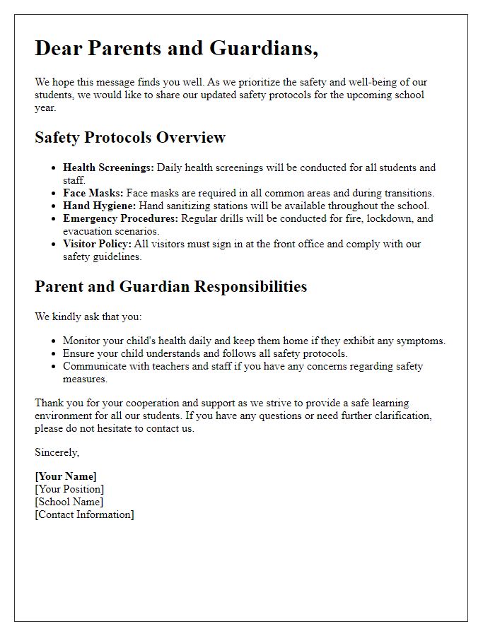 Letter template of private school safety protocols for parents