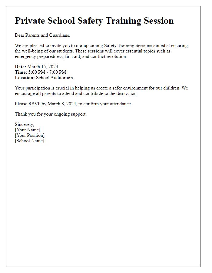 Letter template of private school safety training sessions