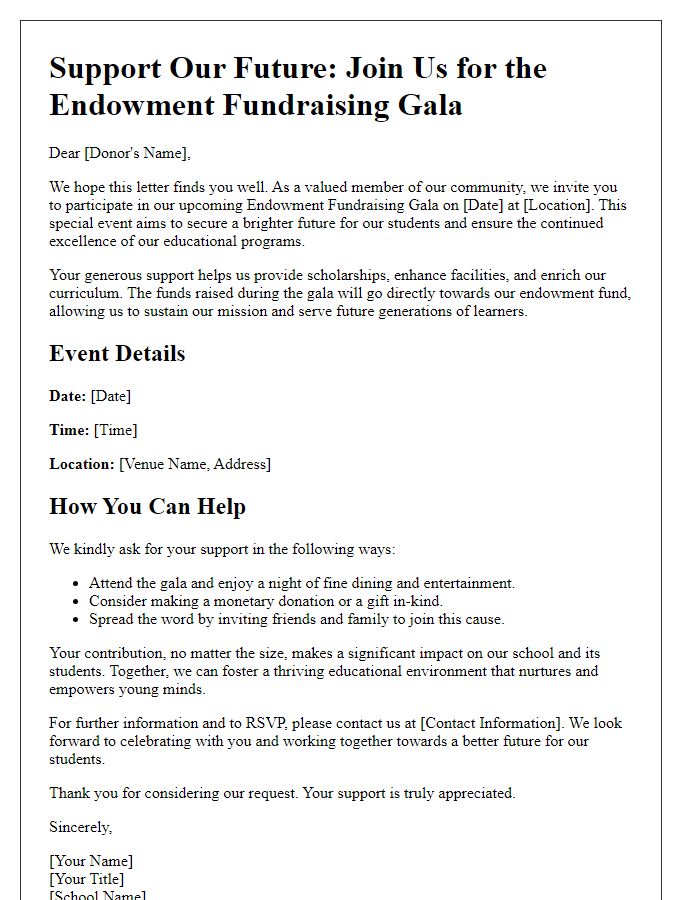 Letter template of donation appeal for private school endowment fundraising gala