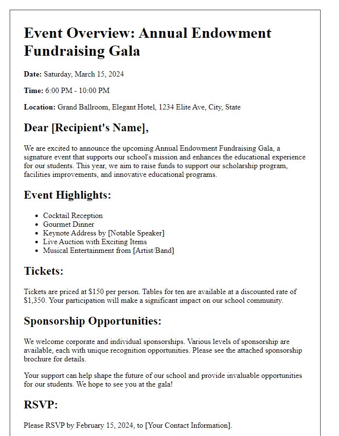 Letter template of event overview for private school endowment fundraising gala