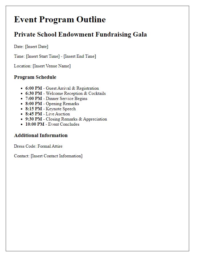 Letter template of event program outline for private school endowment fundraising gala