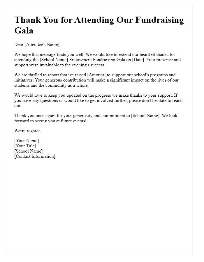 Letter template of follow-up with attendees post private school endowment fundraising gala