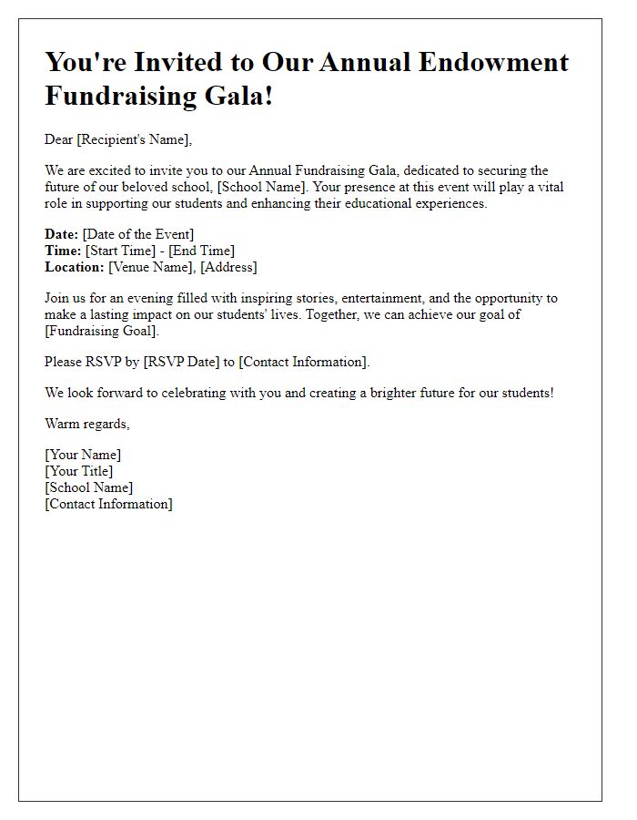 Letter template of invitation for private school endowment fundraising gala