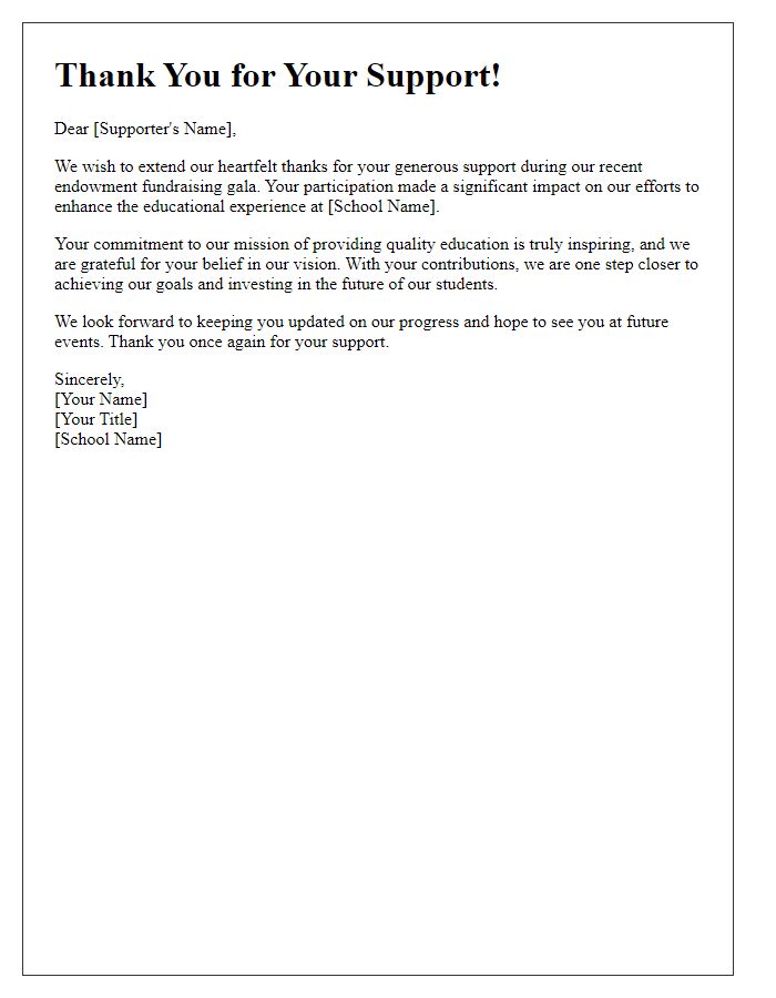 Letter template of thank-you note for supporters of private school endowment fundraising gala