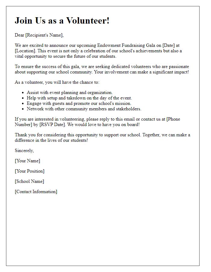 Letter template of volunteer recruitment for private school endowment fundraising gala