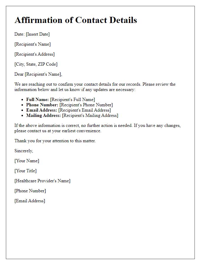 Letter template of affirming contact details for healthcare providers.