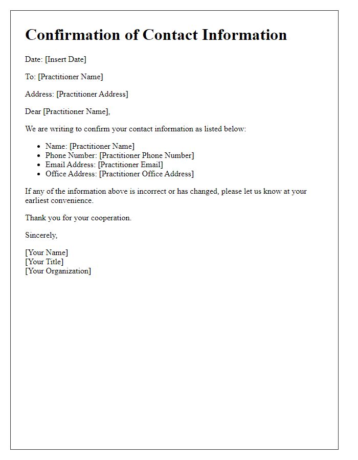 Letter template of confirmation for healthcare practitioner contact info.