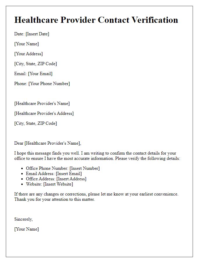 Letter template of double-checking healthcare provider contact specifics.