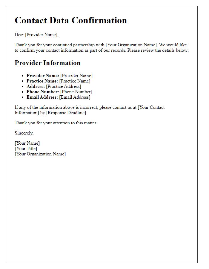 Letter template of health provider contact data confirmation.