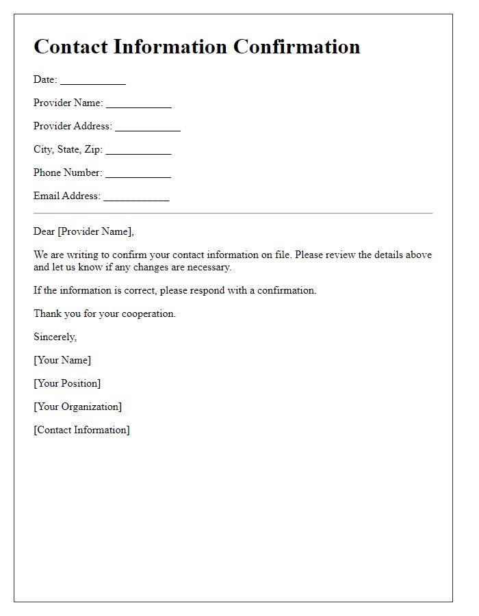 Letter template of healthcare provider contact information confirmation.