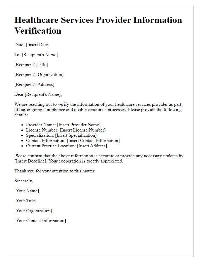 Letter template of healthcare services provider information verification.