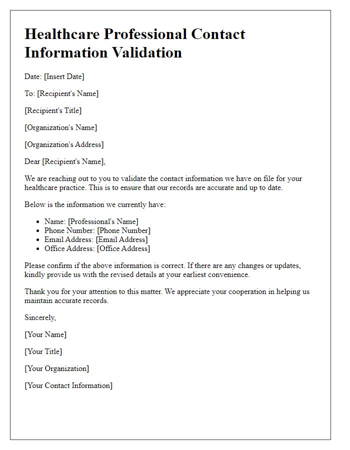 Letter template of validating healthcare professional contact information.