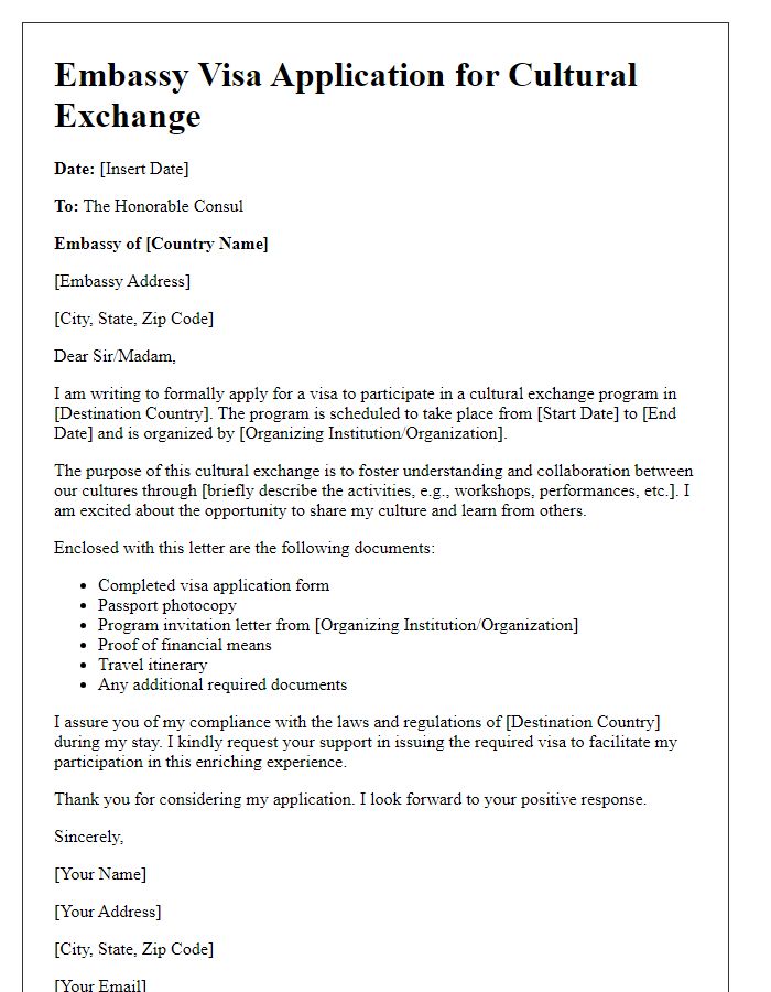 Letter template of embassy visa application for cultural exchange