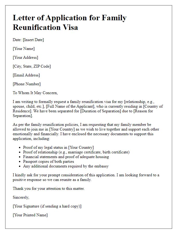 Letter template of embassy visa application for family reunification