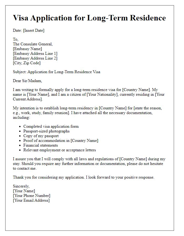 Letter template of embassy visa application for long-term residence