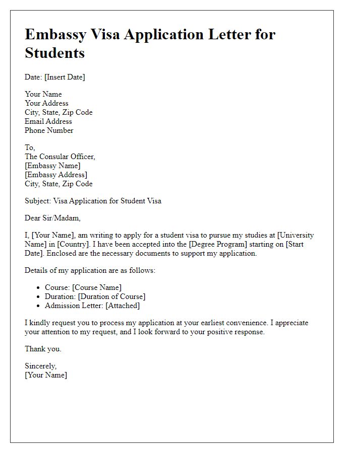 Letter template of embassy visa application for students