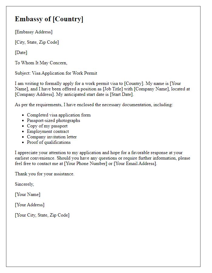 Letter template of embassy visa application for work permits