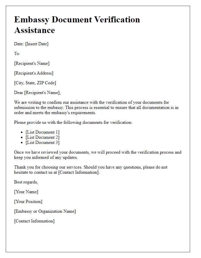 Letter template of Embassy Document Verification Assistance