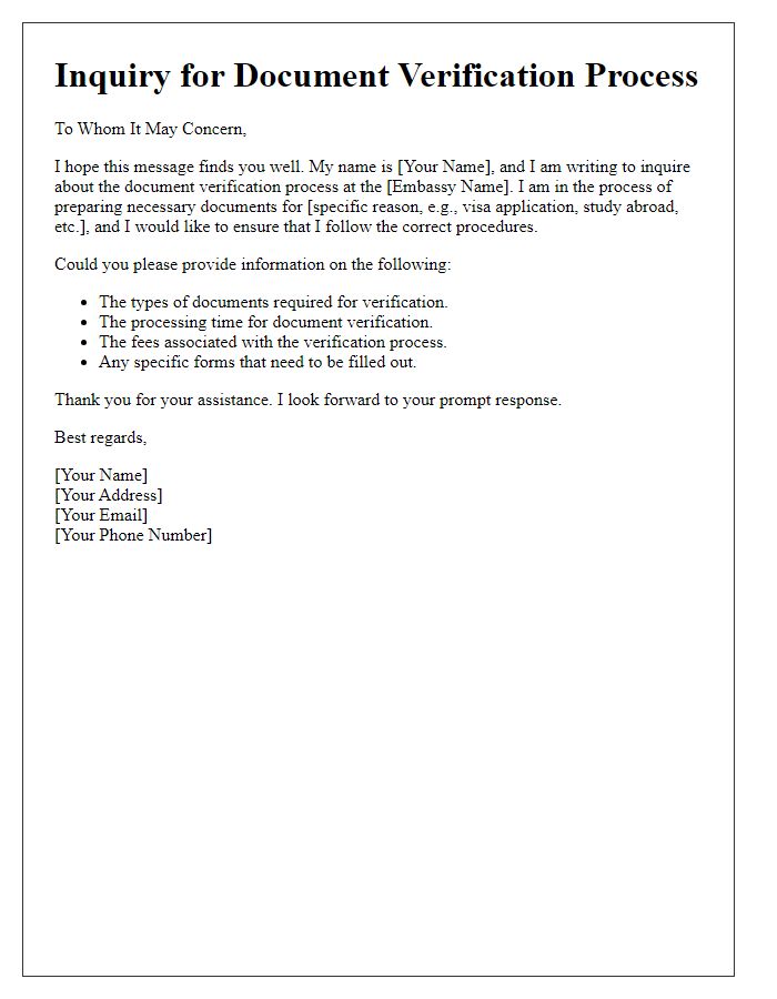 Letter template of Inquiry for Document Verification Process at Embassy